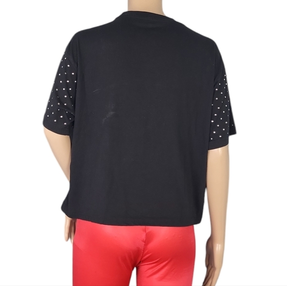 AC/DC Back In Black Studded Leopard Cropped Band Tee Shirt - Picture 2 of 2